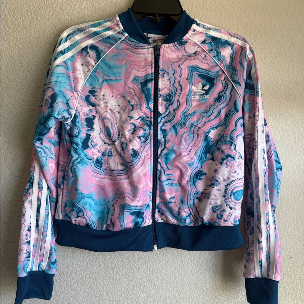 Adidas Blue and Pink Bomber Jacket with Satin Finish